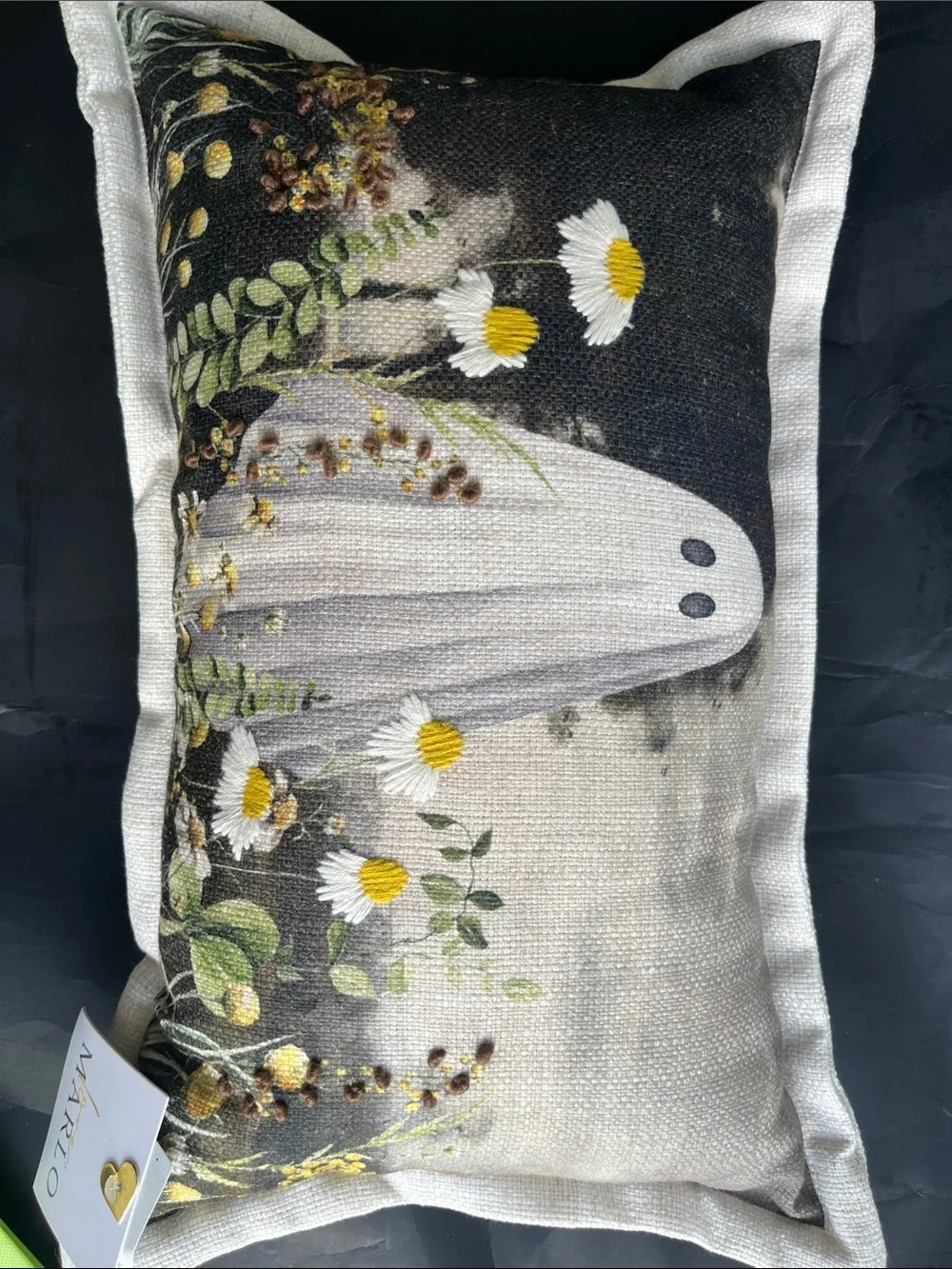 Neutral Ghost & Daisies Decorative Throw Pillow - White/Black
